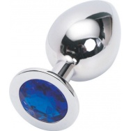 Серебряная металлическая анальная пробка среднего размера с синим стразиком - 7,6 см.