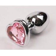 Серебристая анальная пробка с розовым стразиком-сердечком - 9 см.