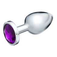 Серебристая металлическая анальная пробка с фиолетовым кристаллом - 9 см.