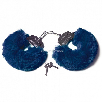 Шикарные темно-синие меховые наручники с ключиками