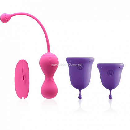 Подарочный набор: розовый тренажер Кегеля MAGIC KEGEL MASTER 2 и фиолетовые менструальные чаши