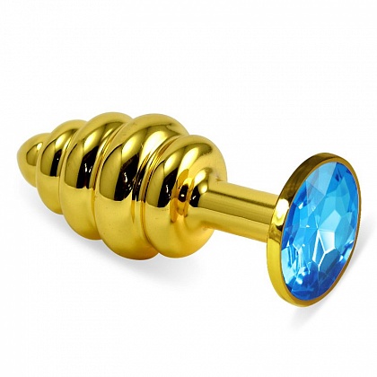 Золотистая анальная пробка с рёбрышками и голубым кристаллом