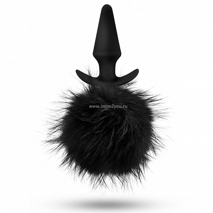 Силиконовая анальная пробка с чёрным заячьим хвостом Fur Pom Pom