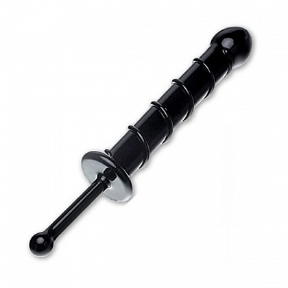 Черный стеклянный фаллос с тонкой ручкой и выпуклой спиралью, 18,5 см