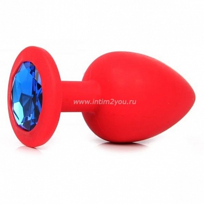 Красная силиконовая анальная пробка с синим стразом - 9,2 см.