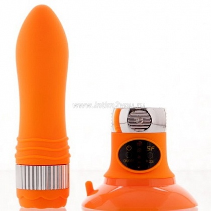 Оранжевый водонепроницаемый вибратор на присоске со сменной панелью управления 19 см.