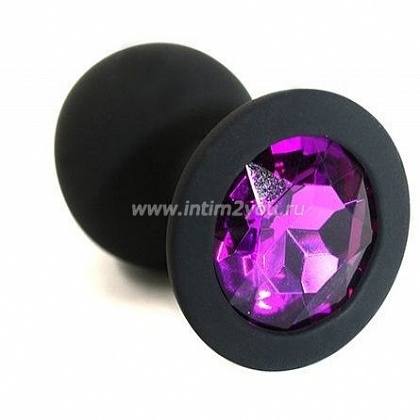 Чёрная силиконовая анальная пробка с темно-фиолетовым кристаллом - 7 см.
