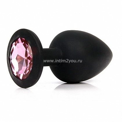 Чёрная силиконовая пробка с розовым кристаллом размера S - 6,8 см.