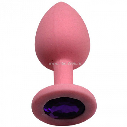 Розовая анальная пробка с фиолетовым кристаллом - 7,4 см.