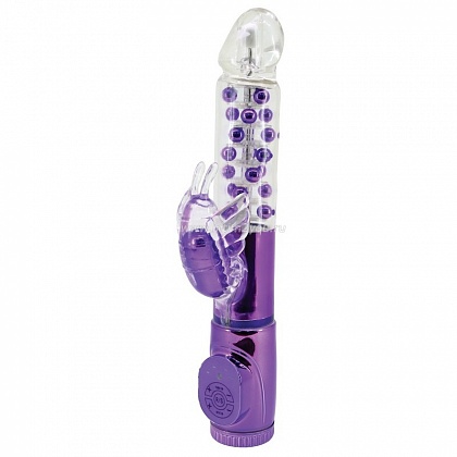 Фиолетовый вибратор с клиторальным стимулятором в виде бабочки - 17 см.