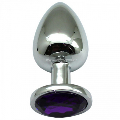 Серебристая анальная пробка с фиолетовым кристаллом - 9 см.